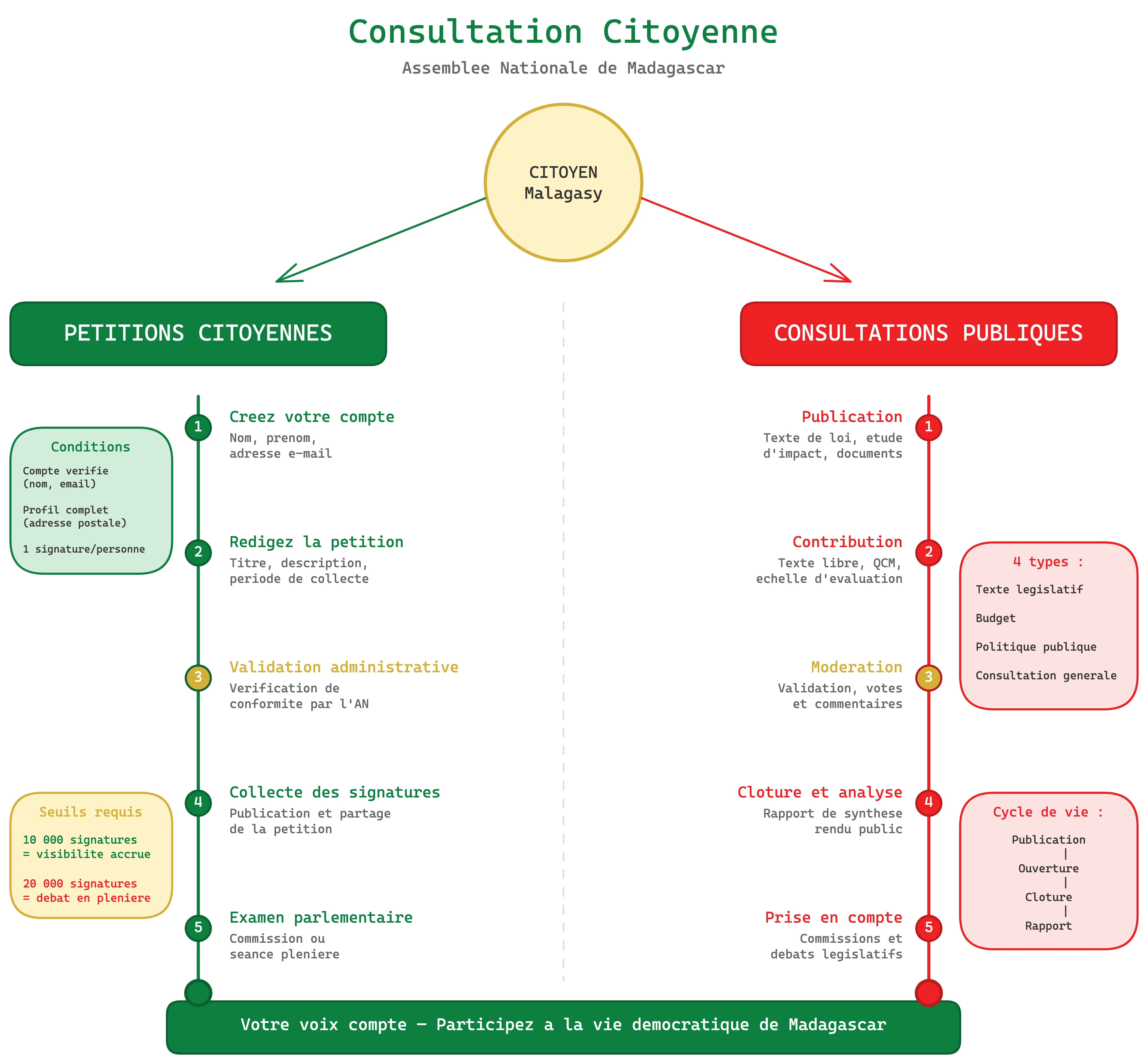 Diagramme du processus de consultation citoyenne : pétitions et consultations publiques